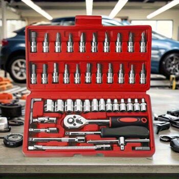 Red 46&216pcs Car Repair Tool Set, Suitable for Cars and Bicycles Multifunctional Wrench Kit GS55&216-27, Perfect Choice for Father's Day