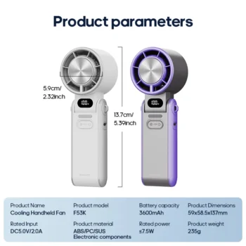 KINSCOTER Portable Air Cooling Turbo Fan 3600mAh 100 Wind Speeds Adjustable Outdoor Foldable Student Handheld Fan with Lanyard