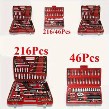 Red 46&216pcs Car Repair Tool Set, Suitable for Cars and Bicycles Multifunctional Wrench Kit GS55&216-27, Perfect Choice for Father's Day