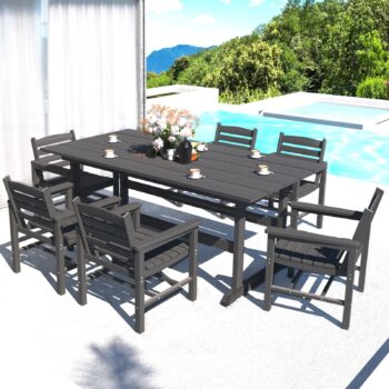 7 PCS HDPE Outdoor Furniture Set for 6, Dining Table and Chairs w/ Umbrella Hole