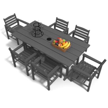 7 PCS HDPE Outdoor Furniture Set for 6, Dining Table and Chairs w/ Umbrella Hole