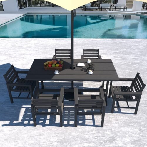 7 PCS HDPE Outdoor Furniture Set for 6, Dining Table and Chairs w/ Umbrella Hole - Image 3