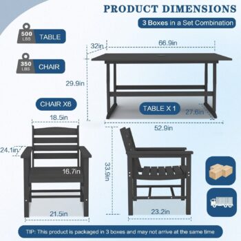 7 PCS HDPE Outdoor Furniture Set for 6, Dining Table and Chairs w/ Umbrella Hole